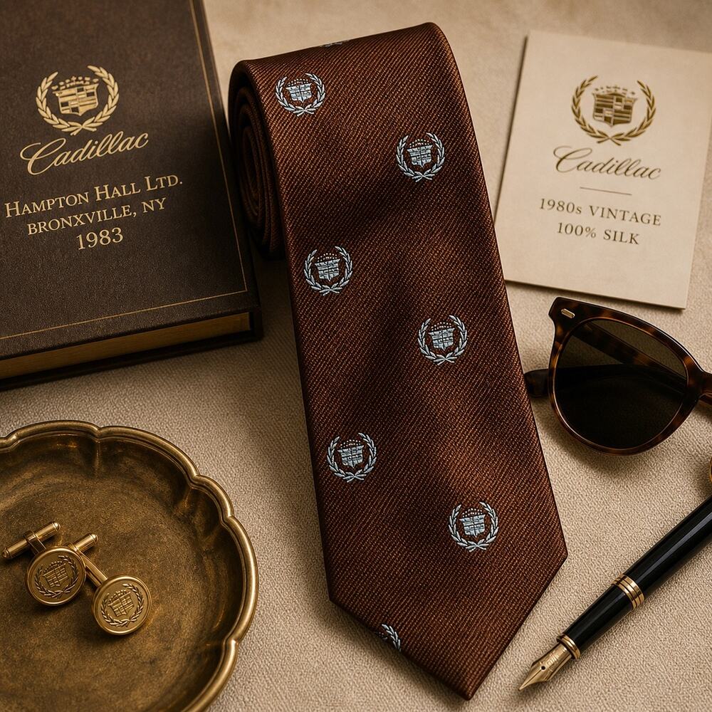 Vintage Cadillac Crest Silk Tie Brown 1980s Hampton Hall Classic Luxury Necktie